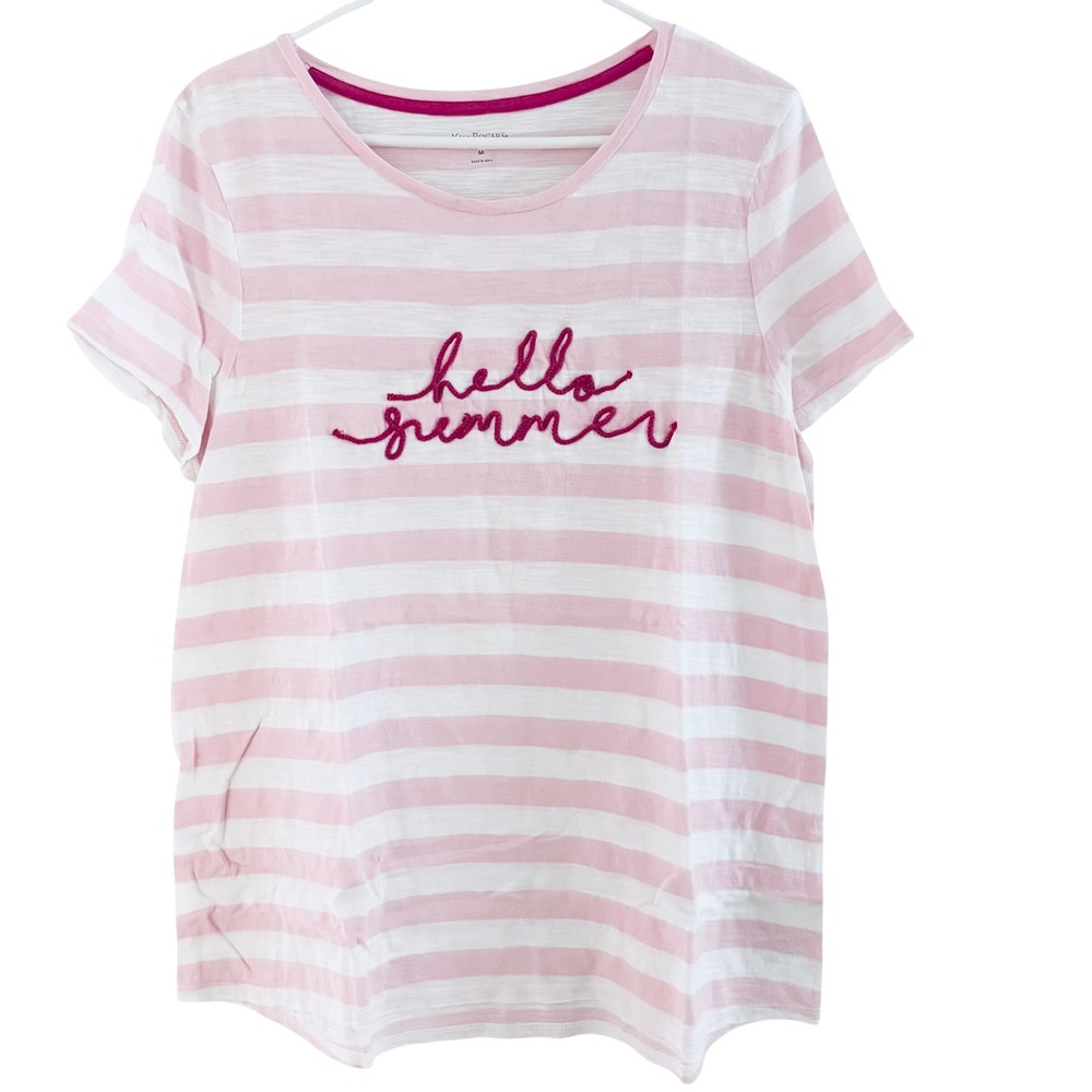 Kim Rogers Women's T-Shirt M Medium Pink White Striped Hello Summer Embroidered - Picture 2 of 10